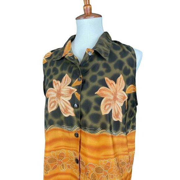 Marla Kim Olive Green & Rust Top Women Size Large Sleeveless Button Down Vintage - Picture 7 of 11